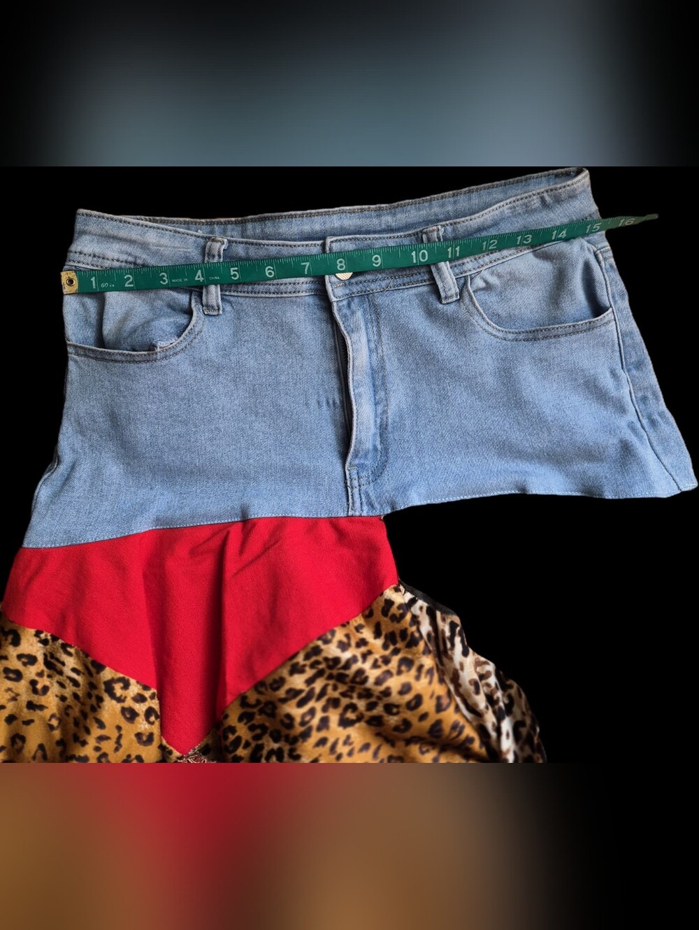 Upcycled Patchwork Asymmetrical Skirt, DenimTop & Cutch in Red and Animal Prints - Picture 11 of 16